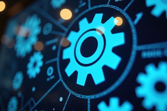 An Abstract Representation of Technology with Blue Gears Set Against a Dark Background, Symbolizing Innovation and Mechanical Engineering.