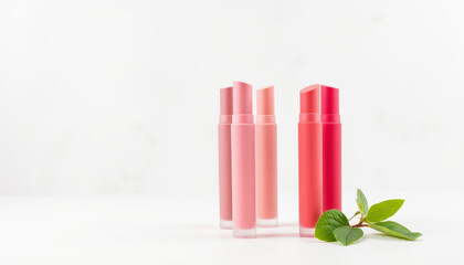 Colorful lipstick tubes on white surface with green leaves, spring vibe