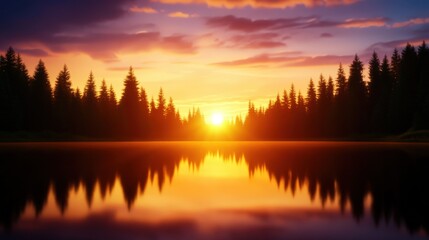 Fototapeta premium A serene sunset reflecting on a calm lake surrounded by lush evergreen trees. The sky is filled with vibrant hues of orange and purple, creating a tranquil and picturesque scene.