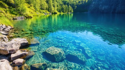 Fototapeta premium A serene lake surrounded by lush greenery, showcasing crystal-clear waters. The picturesque scene invites tranquility and reflects the beauty of nature in pristine surroundings.