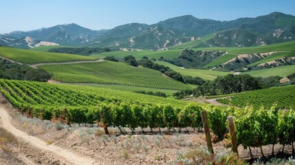 Naklejka premium Lush vineyard landscape with rolling hills and mountains under a clear blue sky.