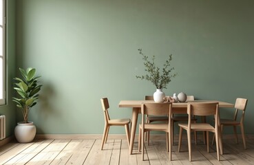 Dining room features wooden table in rustic style. Neutral sage green wall empty, ideal for mockup. Interior includes chairs, plant. Modern apartment, home design, comfortable lifestyle, indoor