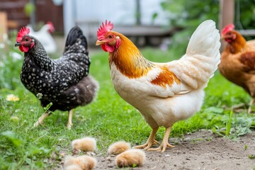 Hens and Chicks in a Garden - Three hens and their fluffy chicks enjoying the outdoors in a lush green garden