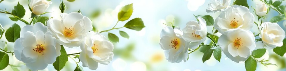 Obraz premium Delicate White Wild Rose Flowers in Bloom, Floral Background, Springtime Blossoms, Nature Beauty