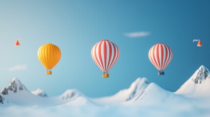 Fototapeta premium Hot Air Balloons Over Snowy Mountains - Three hot air balloons float serenely over a snow-covered mountain range under a bright blue sky. A tranquil winter scene