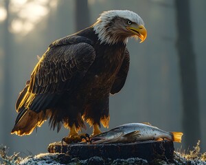 Fototapeta premium Majestic Bald Eagle Tearing Into Fresh Caught Fish on Glowing Branch