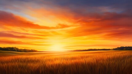 Obraz premium A stunning sunset over golden fields, showcasing vibrant orange, pink, and purple hues in the sky, perfect for evoking feelings of tranquility and natural beauty.
