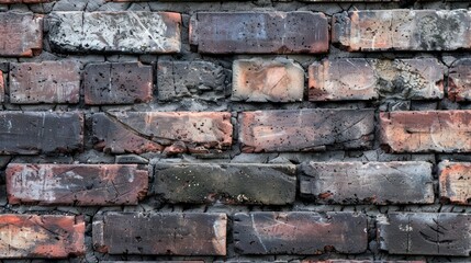 A close-up view of a weathered brick wall showcasing various textures and colors.