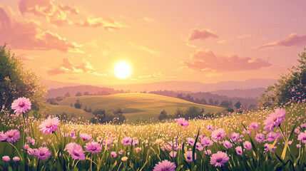 Fototapeta premium Beautiful sunrise over a vibrant field of pink flowers, with lush green hills and a clear blue sky, capturing the essence of nature's serenity.