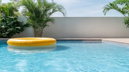 Obraz premium Bright and inviting pool with a yellow float and lush greenery in a serene outdoor setting during sunny weather