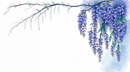 Watercolor wisteria branch with purple flowers on white background