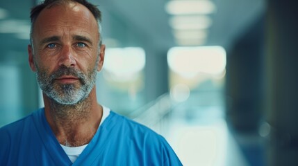 Obraz premium This is a photograph of a man wearing scrubs, standing indoors with a hospital-like background.