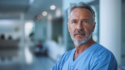 Fototapeta premium This is an image featuring a male surgeon or anesthesiologist, dressed professionally with a stethoscope around his neck, posing in a hospital corridor with a modern design.