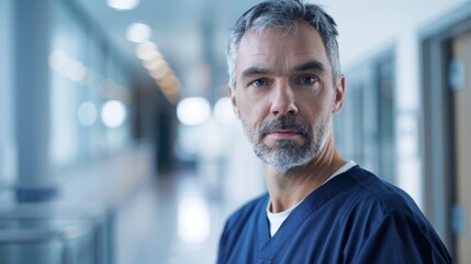 Fototapeta premium A male nurse posing confidently in a professional setting within a hospital.