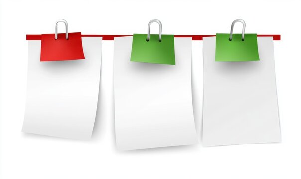 Colorful paper notes hanging on a red line against a white background, ideal for reminders or messages