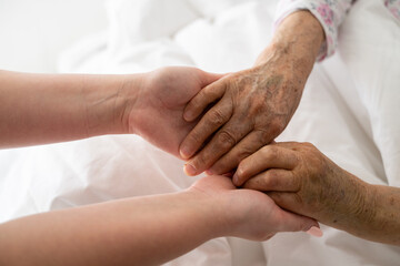 A young womans hands gently hold the hands of an elderly female patient in a hospital bed,...