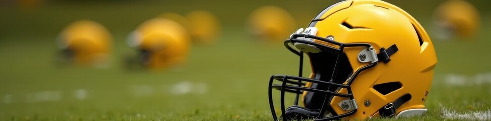 Bright yellow American football helmet, pristine condition , protective gear, sport, sports