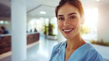 Fototapeta premium Female nurse smiling towards camera, set in a professional office environment.