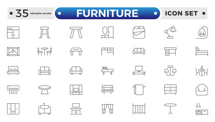 Furniture outline icon set. Home interior, linear icons. Piece of furniture for the living room, bedroom, office, workplace, children's room and kitchen. Editable stroke outline icon. 
