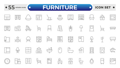 Furniture outline icon set. Home interior, linear icons. Piece of furniture for the living room, bedroom, office, workplace, children's room and kitchen. Editable stroke outline icon. 
