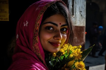 Beautiful Young Woman in Pink Sari with Flowers