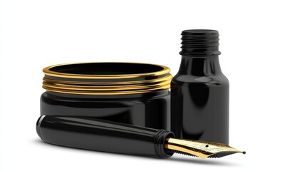 Elegant black ink bottle and fountain pen with golden nib on a clean white background