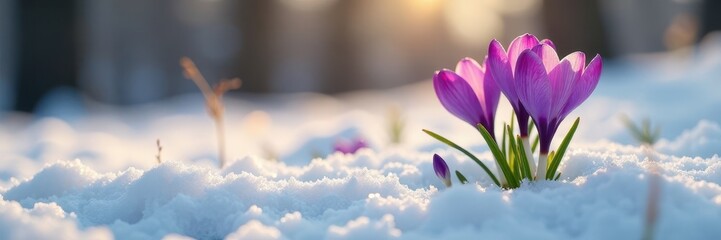 Naklejka premium Delicate crocuses and snowdrops pierce melting snow, vibrant spring colors , blossom, botanical