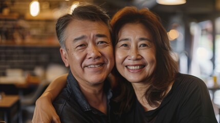 A joyful moment between an Asian adult man and an ASian adult woman, likely sharing a close relationship such as marriage or deep friendship. 