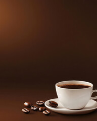 steaming cup of coffee sits on saucer, surrounded by coffee beans, against rich brown background, evoking warmth and comfort