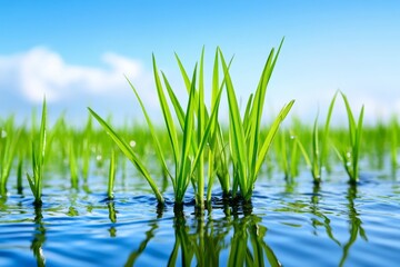 Obraz premium Lush Green Rice Shoots in Water - Vibrant green rice plants sprout from clear water under a bright blue sky. Perfect for agriculture, nature, and environmental themes