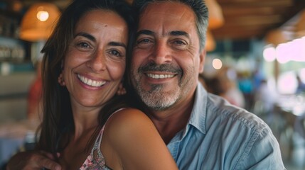 Obraz premium A couple posing for a photo at a restaurant.