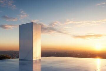 a pristine white billboard standing against a dramatic sunset sky, casting long shadows, with modern minimalist design elements and ambient city lights twinkling in the background