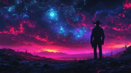 Fototapeta premium A pixel cowboy with glowing eyes, standing in a neon desert