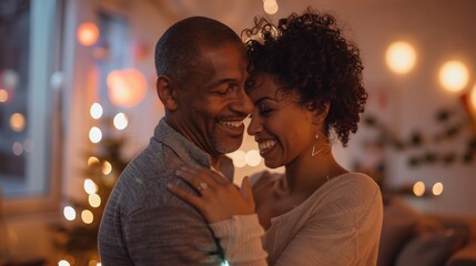 Couple hugging and smiling at each other during a holiday celebration.