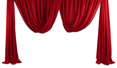 Red velvet curtains open on transparent background. Generative ai