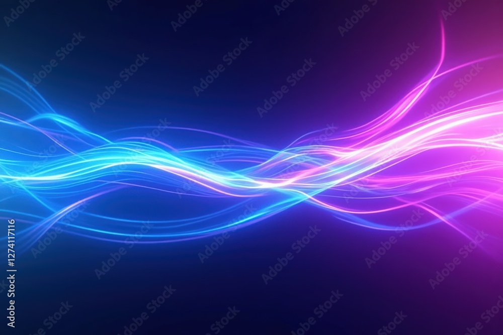 Wall mural colorful wave patterns in blue and pink illuminating a dark background, creating a dynamic and vibra