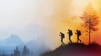Fototapeta premium Majestic Mountain Trek - Three hikers silhouette against a vibrant sunset, ascending a mountain range. A peaceful and adventurous scene