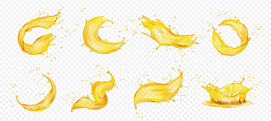 Oil splashes, sprinkle of liquids or fluids. Vector isolated realistic icons with waves, flows and drops of oily substance. Nature and food elements. Amber essence splatter collection