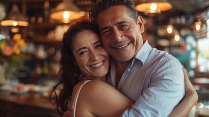A joyful moment between an adult man and an adult woman, likely sharing a close relationship such as marriage or deep friendship. 