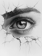 Obraz premium Cracked Surface Revealing a Detailed Human Eye with Intense Gaze
