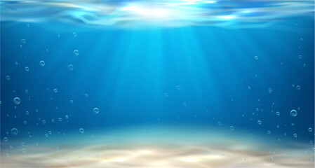 Water surface, underwater ocean or sea, swimming pool. Vector in realistic style, bottom of lake with clear sand. Aqua texture with air bubbles, ripples and sun rays falling, snorkeling scene © Sensvector