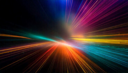 Vibrant, abstract light streaks converge in a dynamic burst of color, perfect for tech, energy, or speed-themed projects.