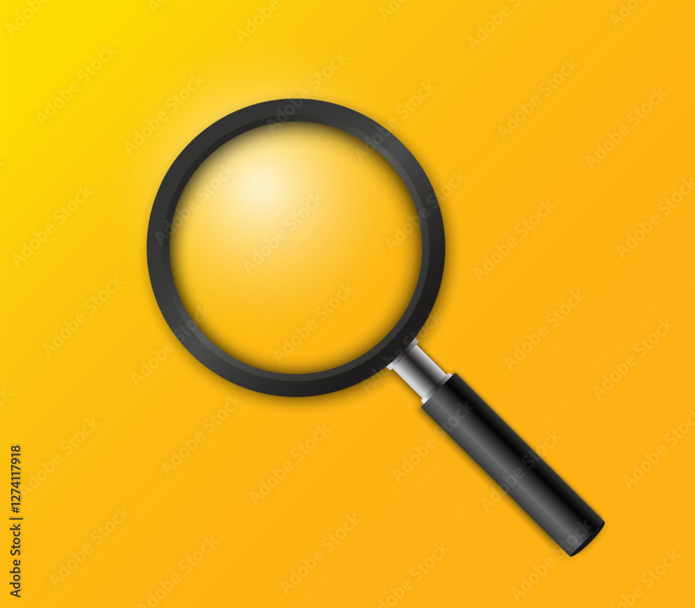 Poster realistic 3d black magnifying glass isolated on a yellow background. 3d magnifier design for search,