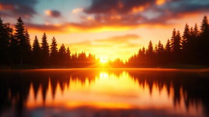 Fototapeta premium A breathtaking sunset over a tranquil lake, with vibrant colors reflecting on the water and silhouetted pine trees lining the shore, creating a serene and peaceful atmosphere.