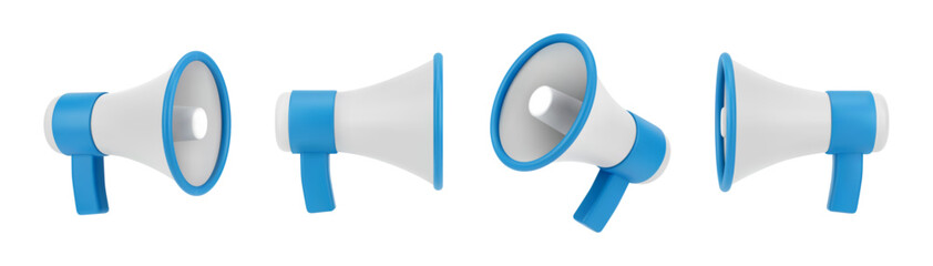 Speaker with announcements and advertisement, isolated 3d icons of megaphones horns from different sides. Vector cone shaped handheld device to amplify user voice. Marketing and promotion © Sensvector