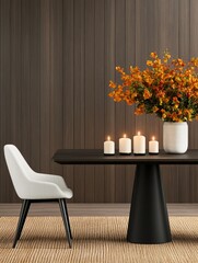 Modern Dining Room Decor - Stylish dining room setting with a dark wood table, white chair, orange flowers, and candles. Minimalist and elegant design