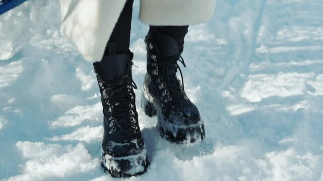 A girl in black boots tramples snow.
Chunky leather boots in the snow in sunny weather.
A girl brushes snow off her shoes.
Snow on shoes.
A walk in the snow in winter.
Snow, shoes, boots, winter