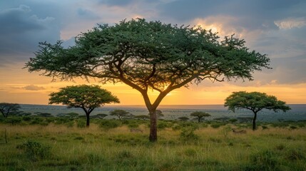 Fototapeta premium A serene landscape featuring acacia trees against a sunset backdrop in a savanna setting.