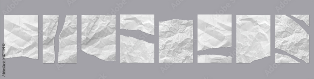 Poster torn and damages pieces of papers. vector realistic set of crumples blank sheets with creased or wri