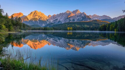 Naklejka premium A serene mountain landscape reflecting in a calm lake during sunrise.